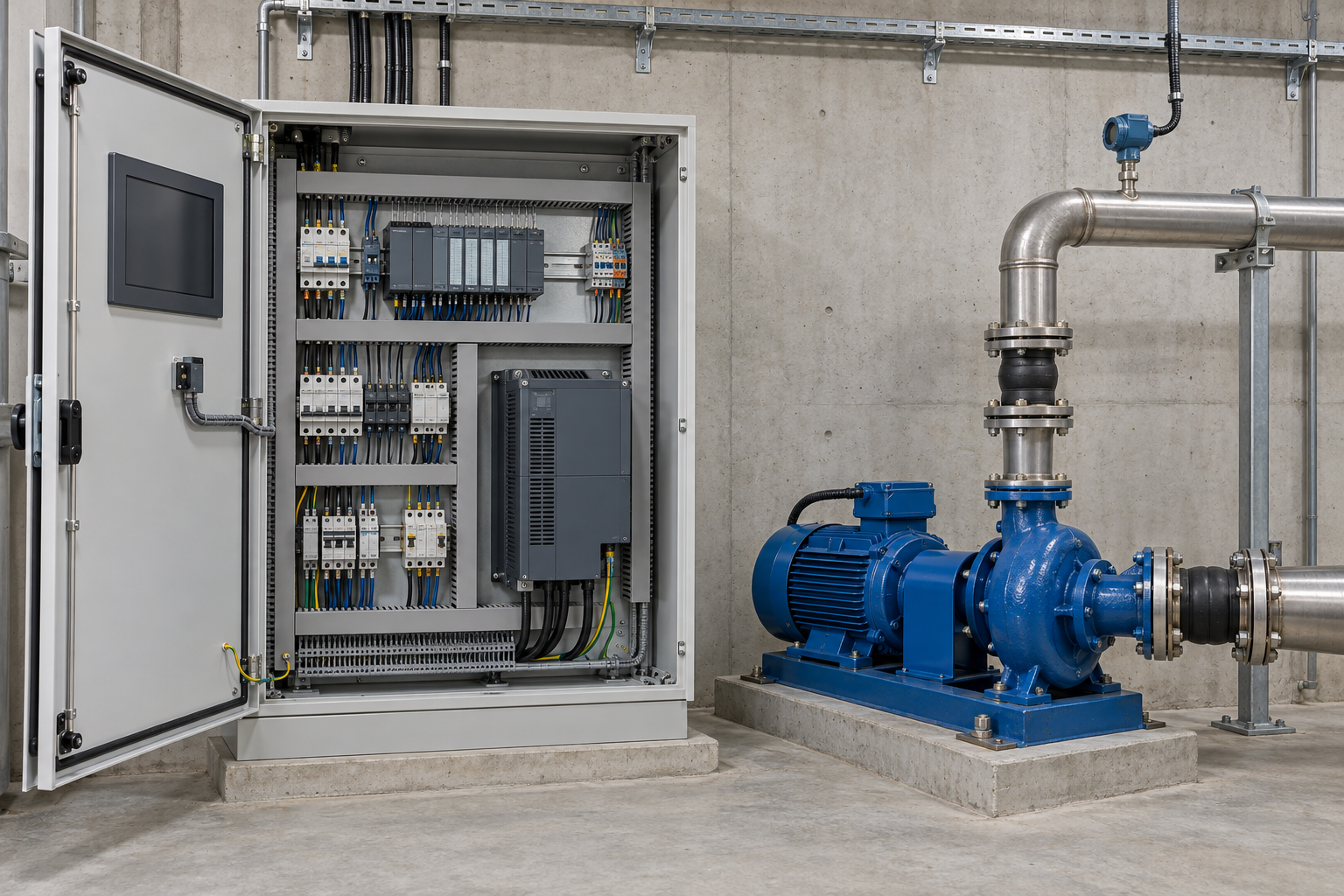 擬真教學場景：左側控制盤門上的 HMI、盤內 PLC 與驅動器，右側只有一台藍色臥式離心泵、管路及上方壓力傳送器；AI 合成教學圖，非施工照片