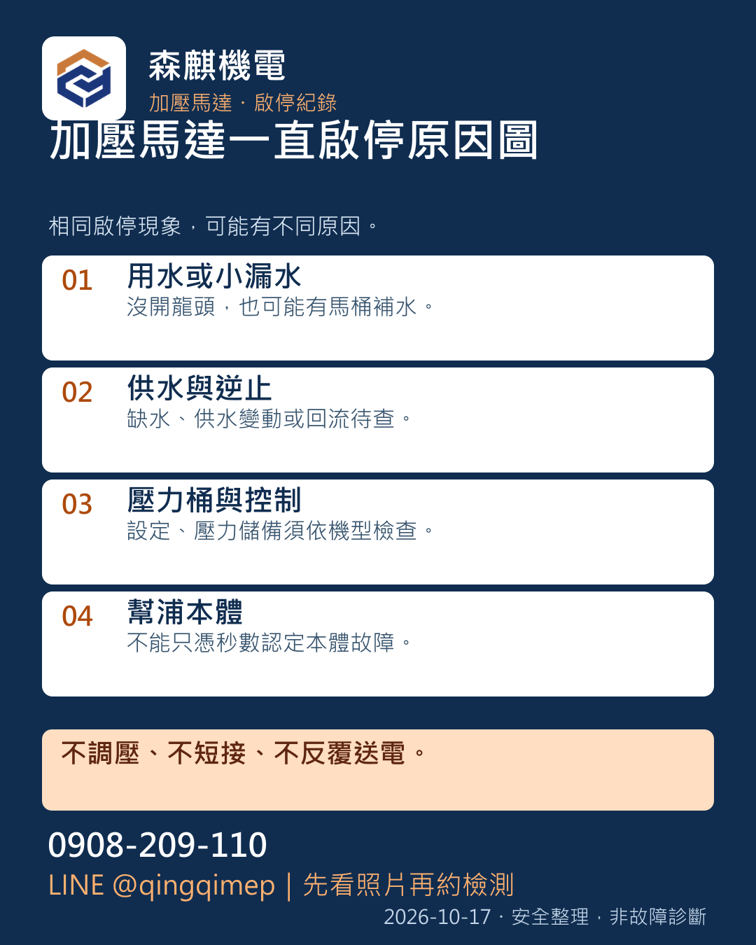 加壓馬達一直啟停原因圖:用水或小漏水、供水與逆止、壓力桶與控制、幫浦本體;下方有完整文字版。