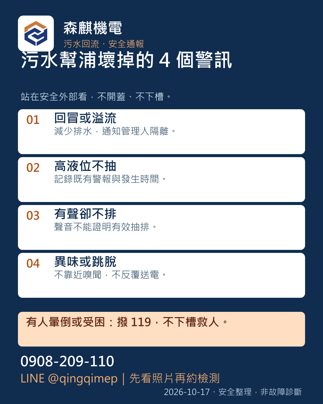 污水幫浦壞掉的 4 個警訊:回冒或溢流、高液位不抽、有聲卻不排、異味或跳脫;下方有完整文字版。