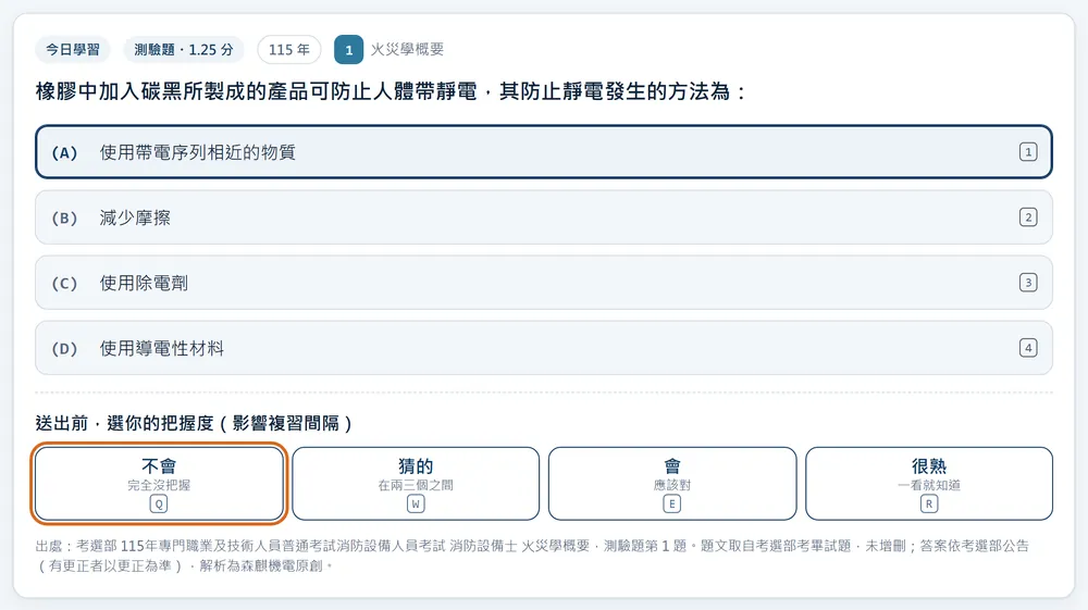 考古題作答與把握度畫面