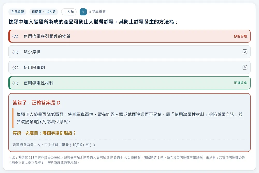 國考考古題練習試用版畫面：答錯後標出正解與原創解析