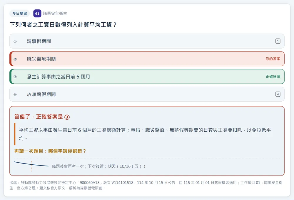 答錯後的解析與下次複習時間